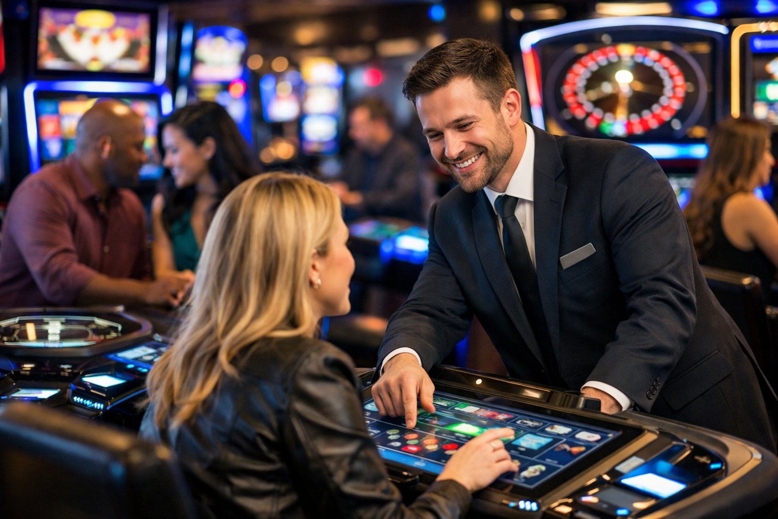 People playing electronic casino games with a casino employee assisting them in a brightly lit gaming area.