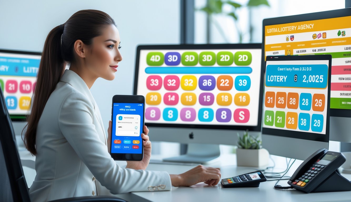 Seorang wanita profesional duduk di meja kantor dengan beberapa layar komputer yang menampilkan angka lotere dan grafik, menunjukkan layanan agen togel dengan pembayaran cepat.