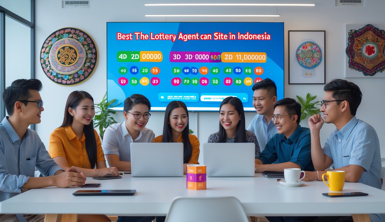 Sekelompok orang muda sedang berkumpul di ruang kerja modern dengan layar digital menampilkan angka lotere, suasana cerah dan dinamis.