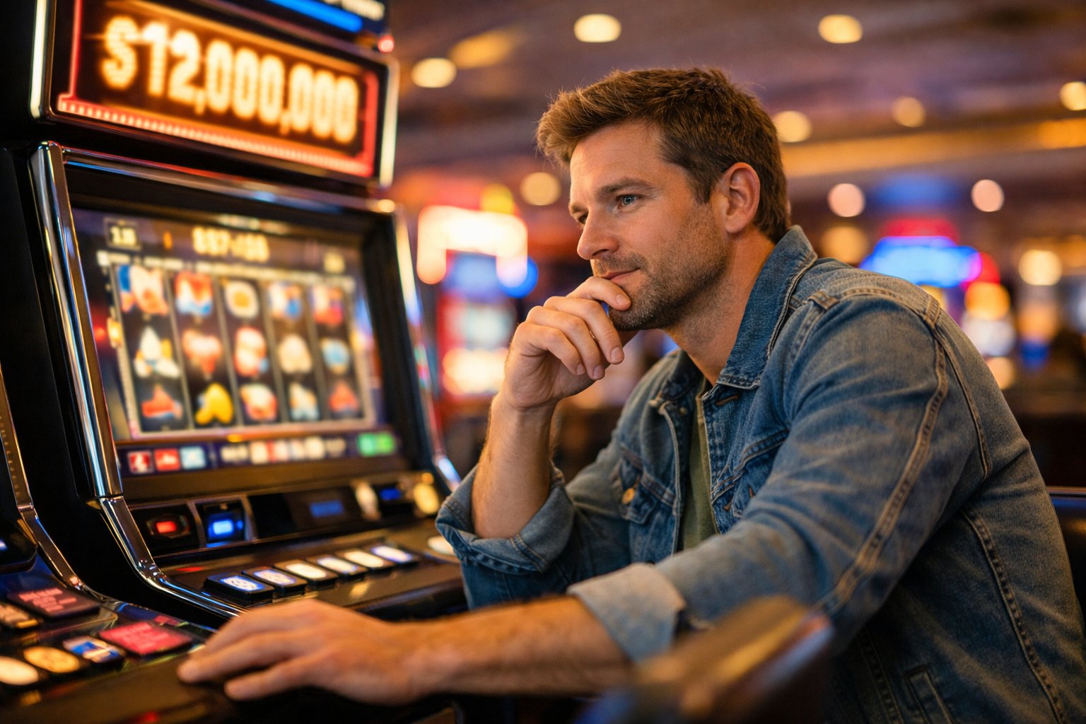 A casual player sitting at a slot machine in a casino, looking thoughtfully at the machine.