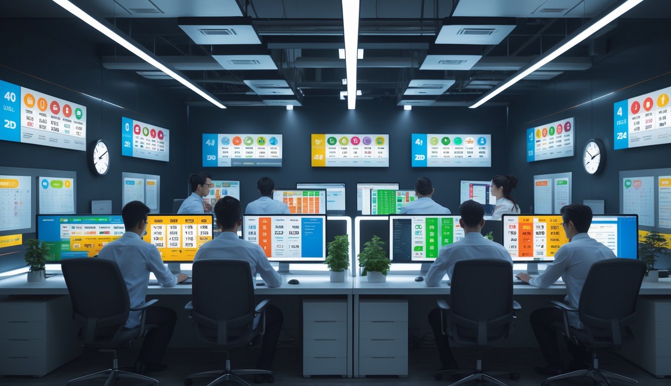 Suasana kantor modern dengan profesional yang bekerja di depan komputer menampilkan layar angka lotere dan grafik, menunjukkan layanan 24 jam untuk permainan togel 4D, 3D, dan 2D tahun 2025.