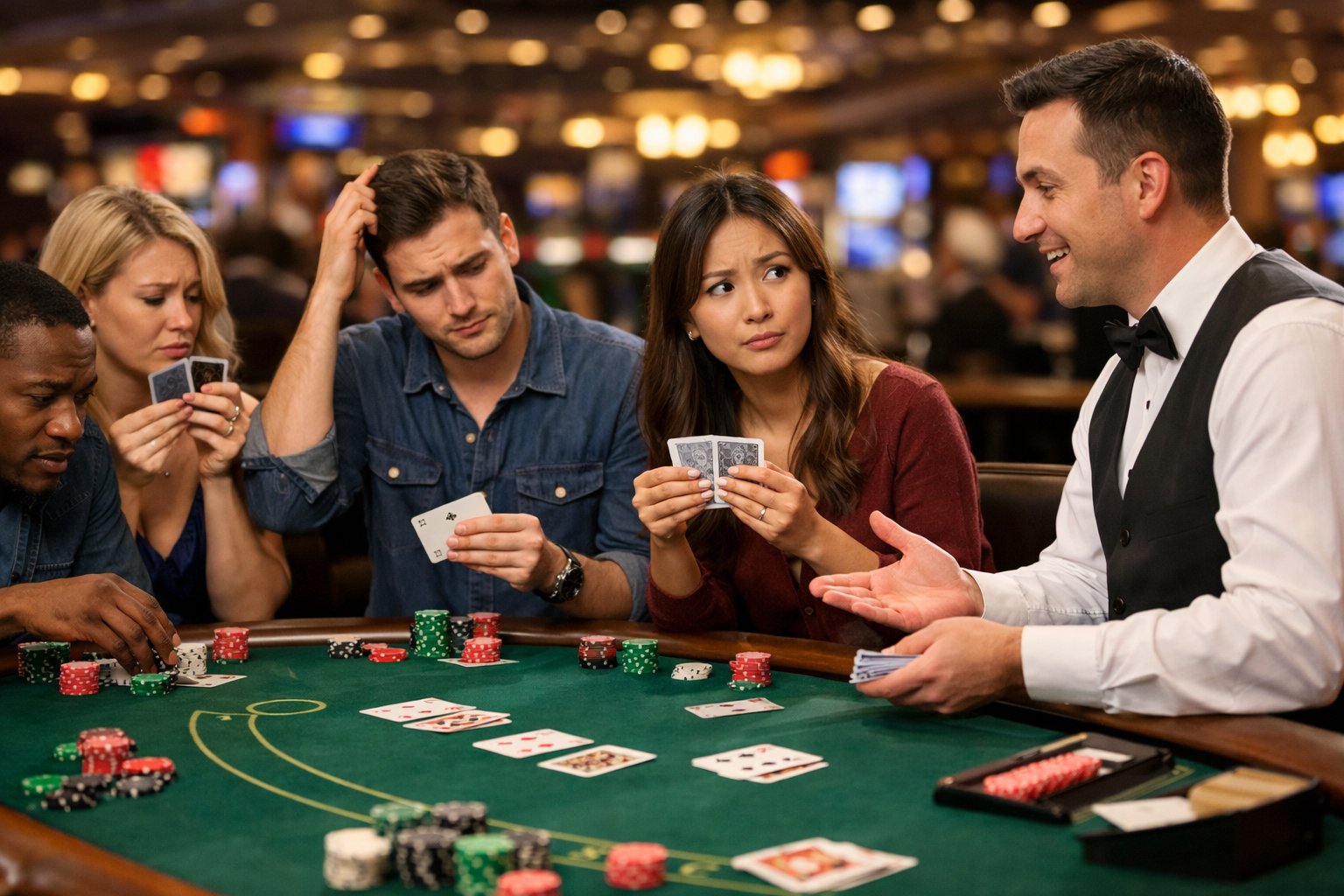 A group of new blackjack players at a casino table looking confused while the dealer explains the game.