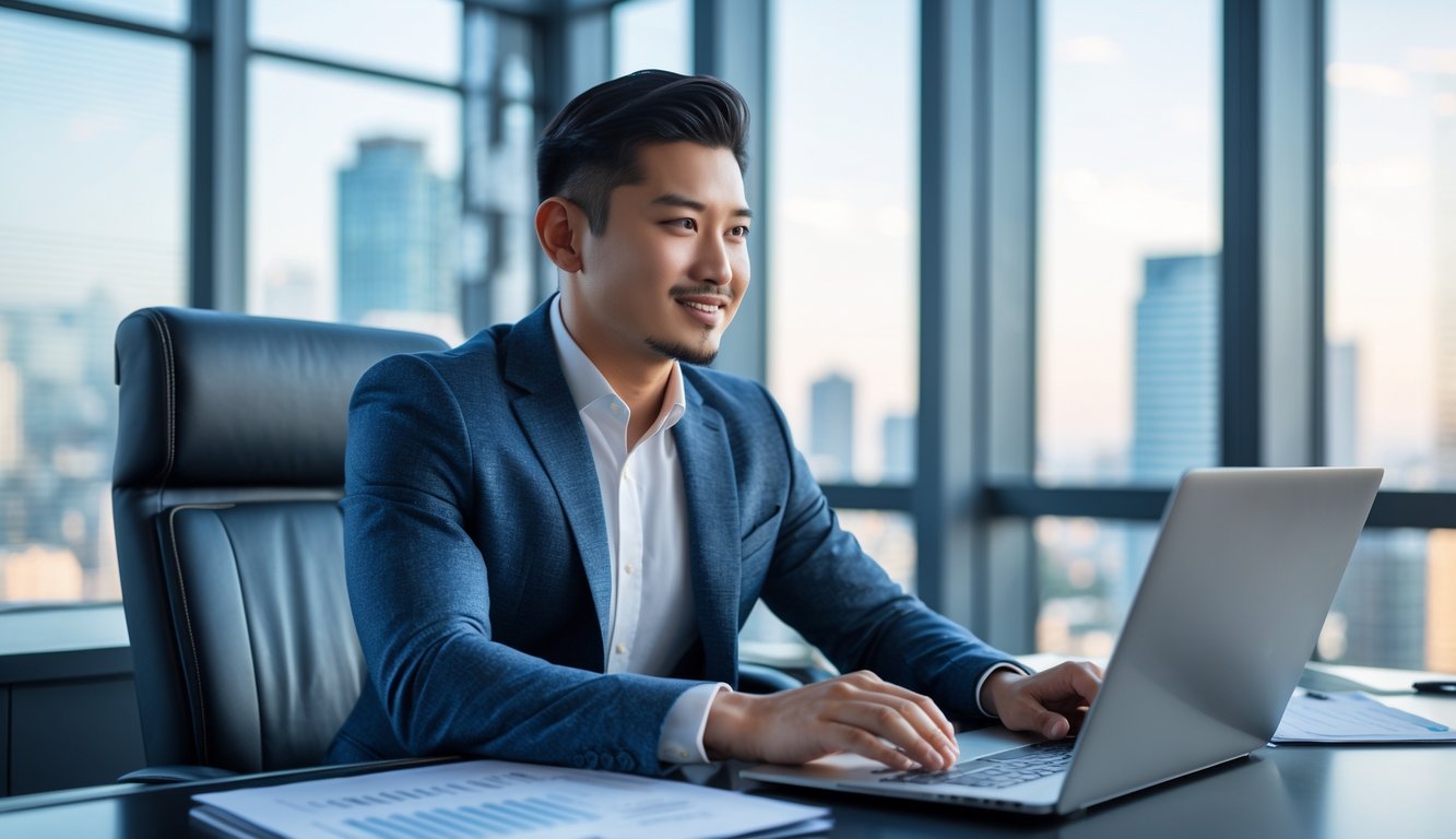 Seorang agen bisnis profesional duduk di meja kantor modern dengan latar belakang pemandangan kota di siang hari.