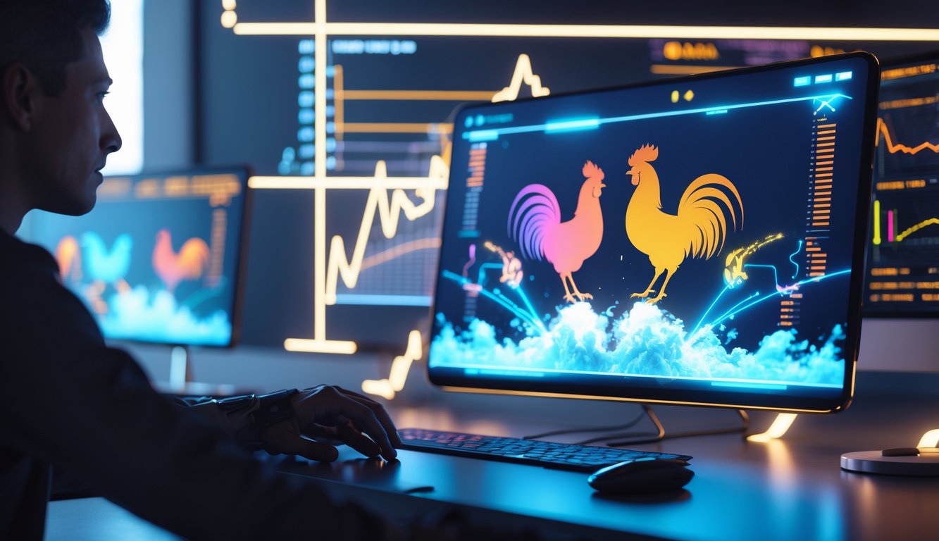 Seorang pengguna sedang berinteraksi dengan perangkat digital yang menampilkan grafik ayam aduan dalam suasana teknologi modern.
