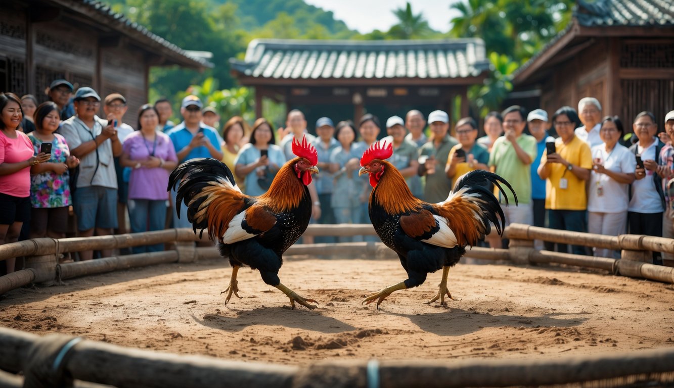 Arena sabung ayam dengan dua ayam jago sedang bertarung di tengah kerumunan orang yang menonton di sebuah desa dengan rumah tradisional dan pepohonan hijau.