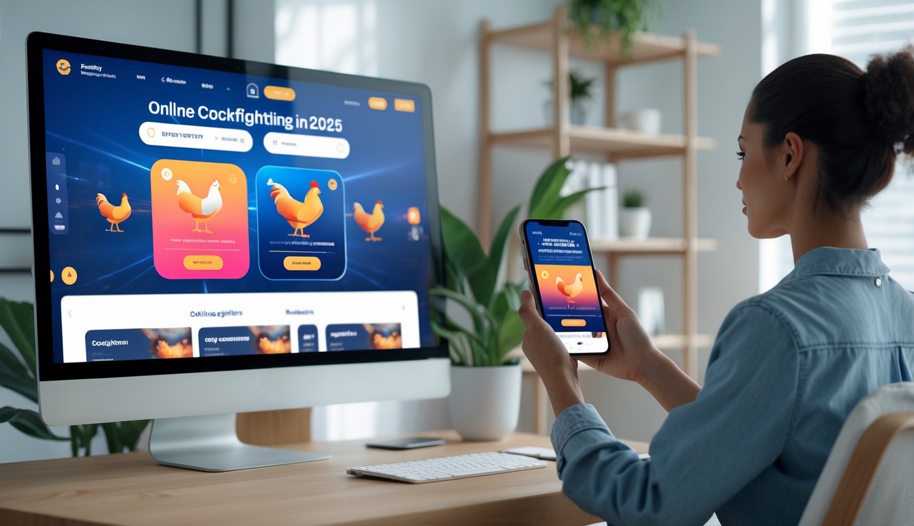 Seseorang menggunakan komputer dan ponsel untuk mengakses platform sabung ayam online yang aman di ruang kerja rumah yang rapi.