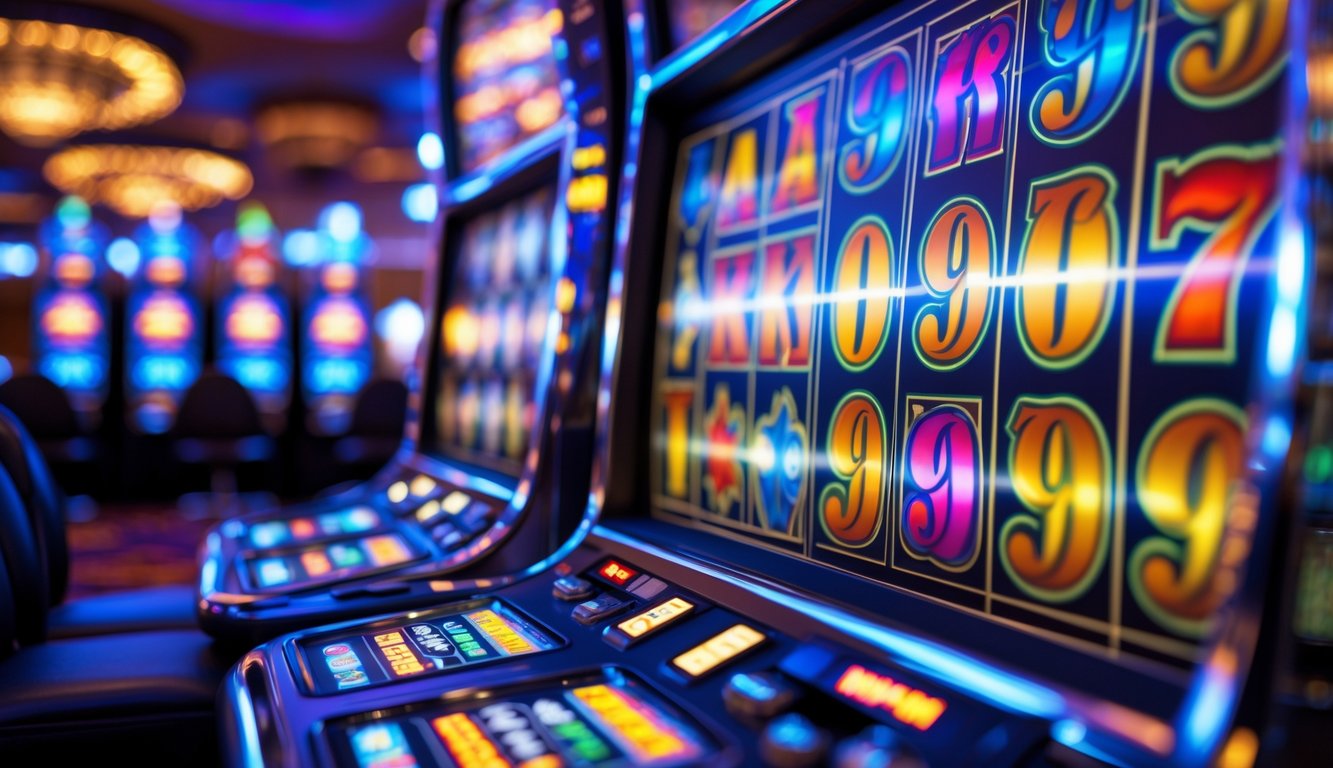 Mesin slot modern dengan gulungan berputar menampilkan pola kemenangan di kasino.