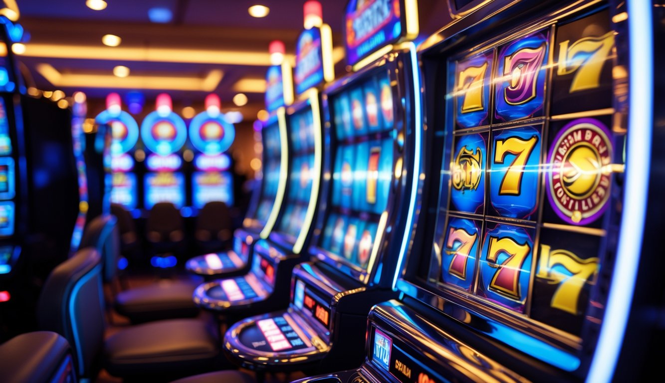 Mesin slot modern dengan lampu warna-warni yang menyala dan gulungan berputar dalam suasana kasino yang dinamis.