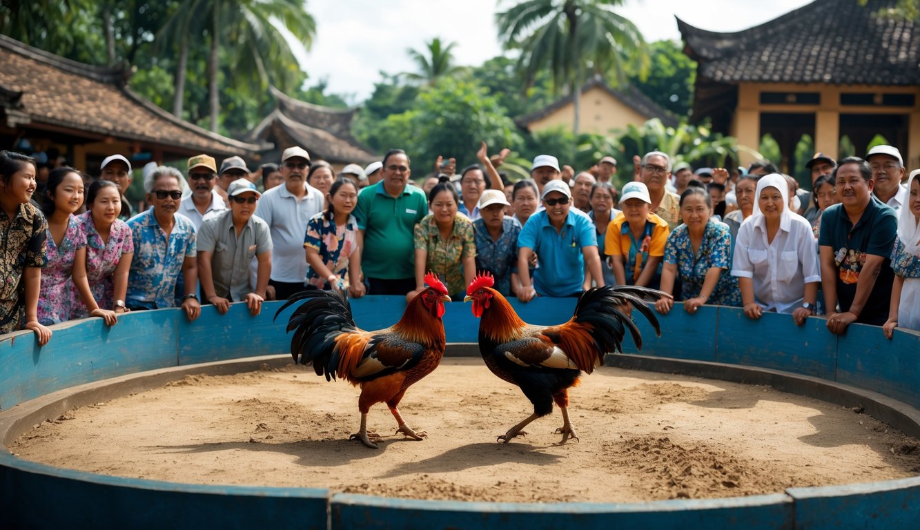 Dua ayam jago sedang bertarung di arena dengan penonton yang menonton di sekitarnya di luar ruangan.