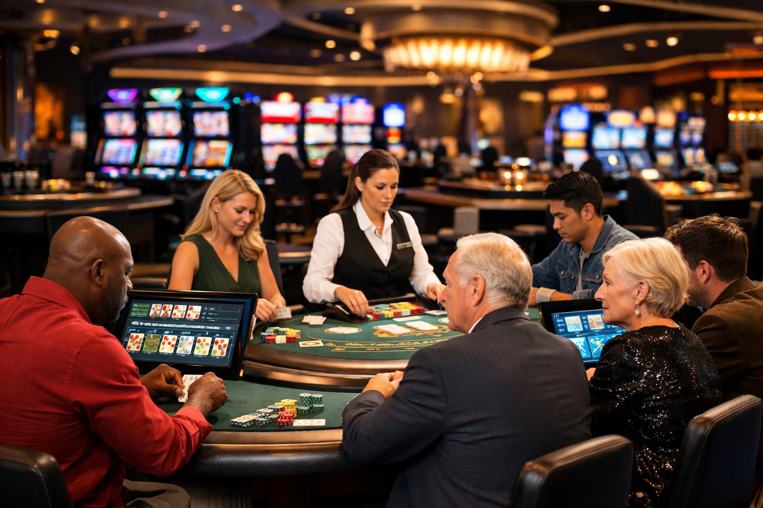 People playing different casino games at various tables in a modern casino with screens showing different game instructions.
