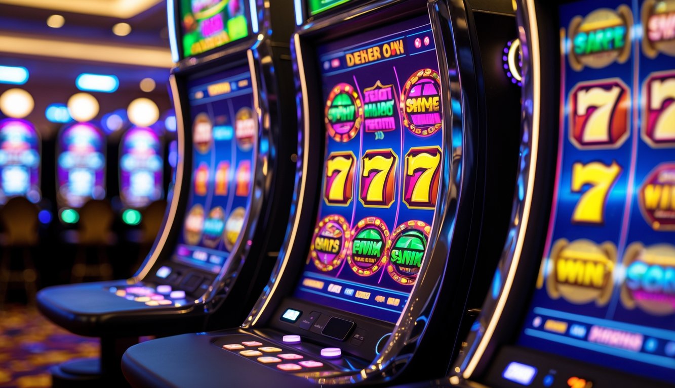 Mesin slot modern dengan simbol warna-warni dan lampu LED yang menyala di dalam kasino.