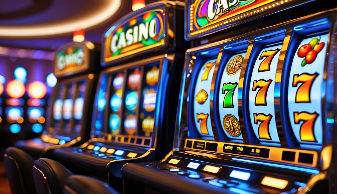 Mesin slot yang sedang berputar dengan simbol warna-warni di dalam kasino modern.