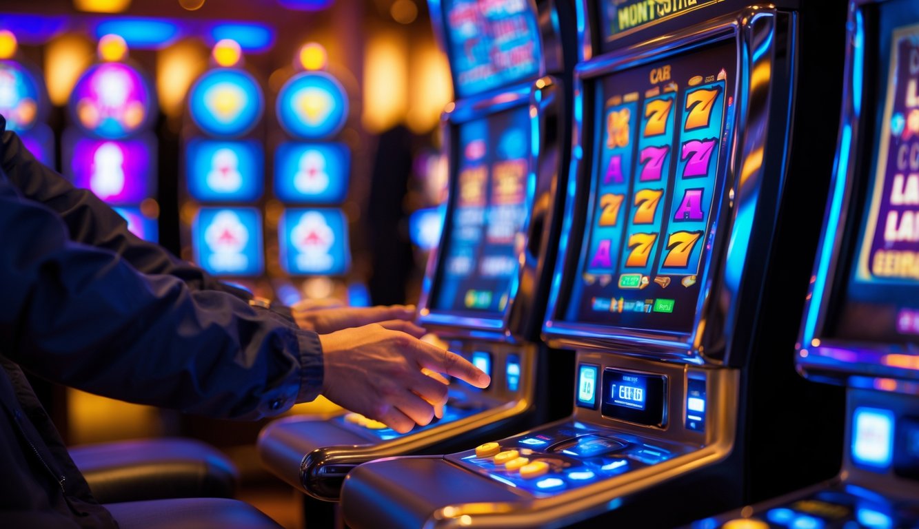 Seorang pemain sedang menggunakan mesin slot modern dengan layar berwarna-warni di area kasino yang terang dan hidup.