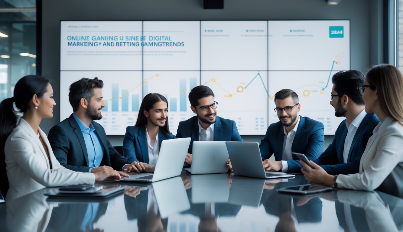 Sekelompok profesional bisnis sedang bekerja bersama di ruang kantor modern dengan perangkat digital di atas meja.