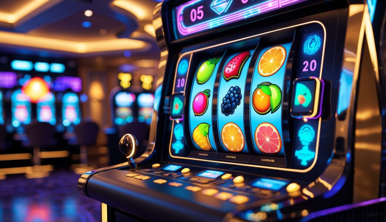 Mesin slot modern dengan simbol berwarna cerah dan elemen digital di dalam lingkungan kasino yang terang.