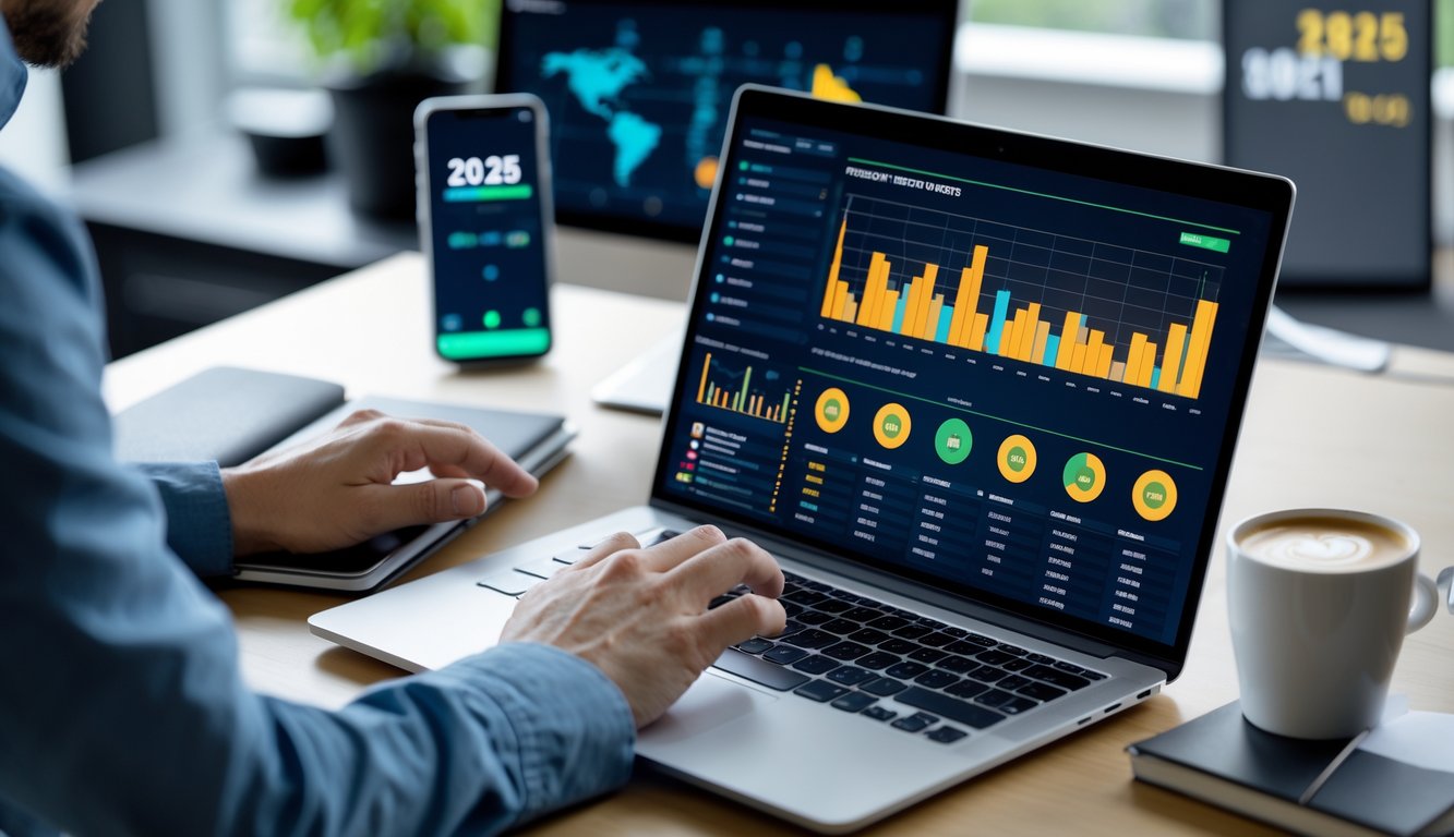 Seorang individu menggunakan laptop dengan tampilan grafik dan statistik terkait prediksi sabung ayam online tahun 2025 di sebuah meja kerja yang rapi.
