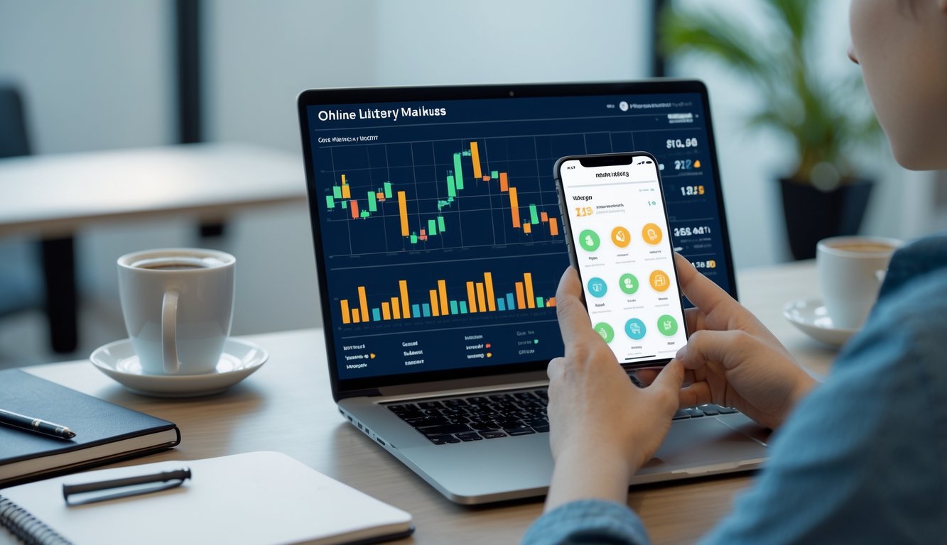 Seorang pria menggunakan laptop dan ponsel di meja kerja dengan grafik dan data terkait pasar togel online.