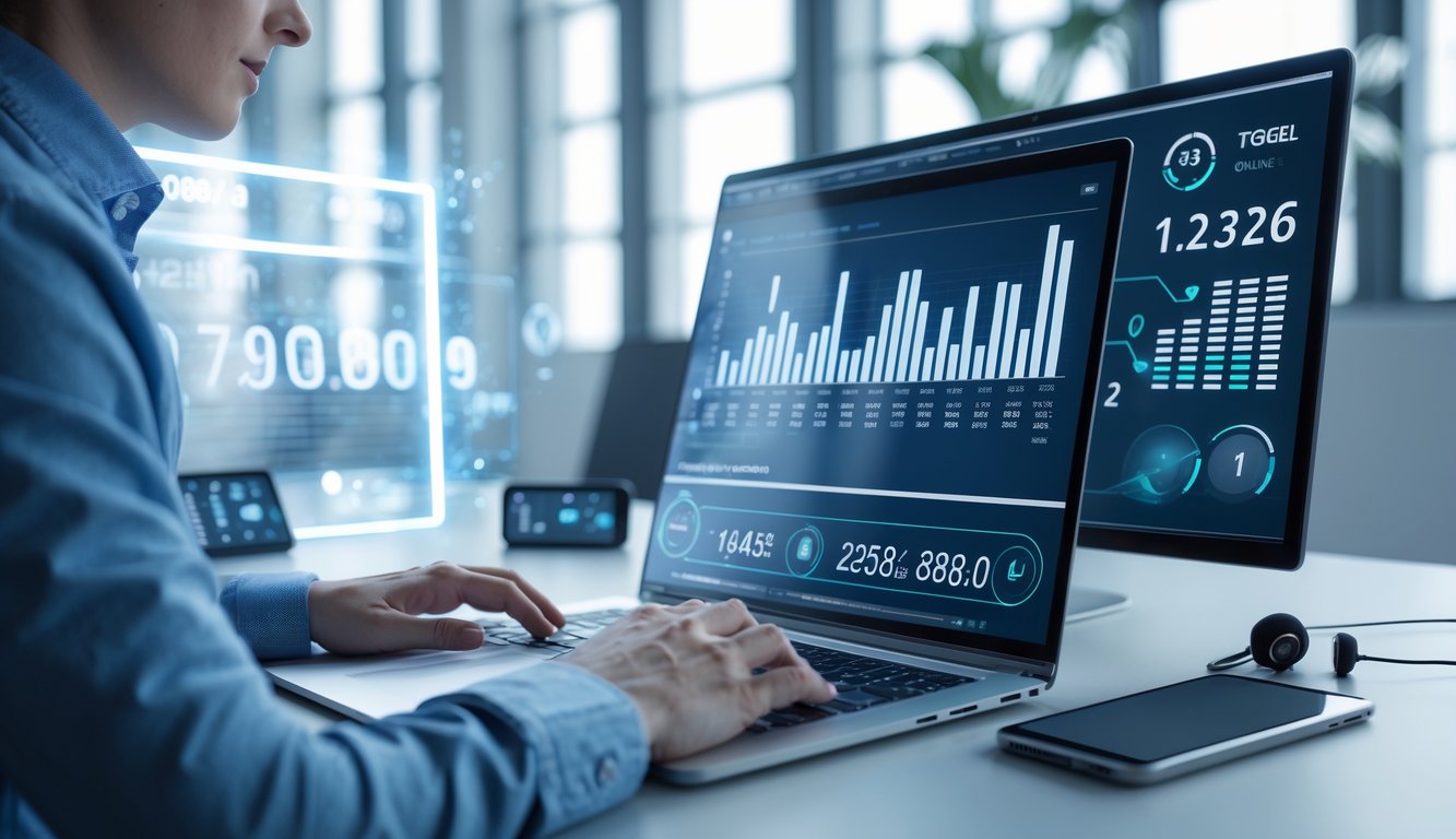 Seseorang menggunakan laptop di meja kerja modern dengan tampilan data dan grafik digital yang menunjukkan pembaruan informasi secara konsisten.