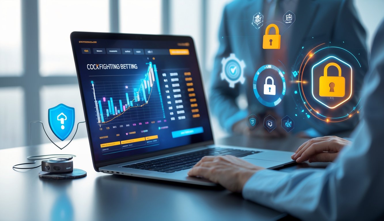 Seorang pengguna duduk di depan komputer dengan tampilan grafik taruhan sabung ayam dan ikon keamanan di sekitarnya.