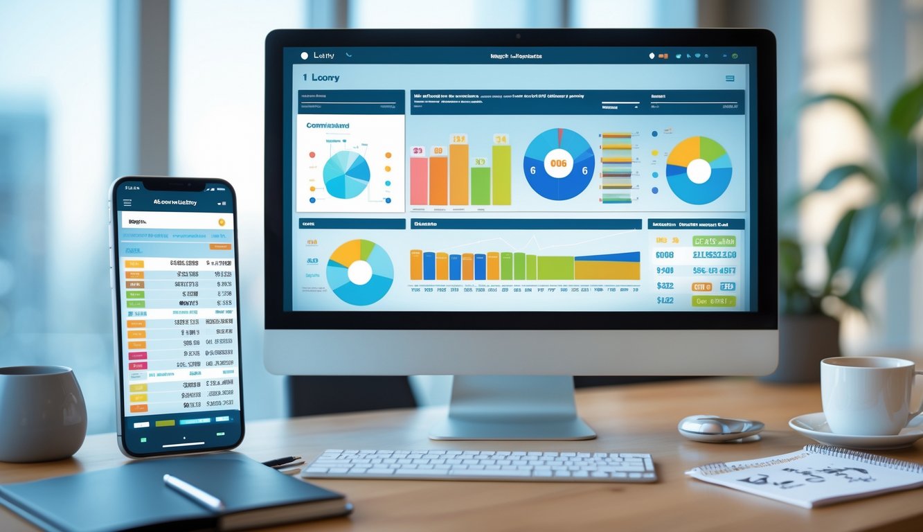 Sebuah meja kerja modern dengan komputer menampilkan grafik statistik angka togel online dan perangkat pendukung seperti smartphone dan buku catatan.