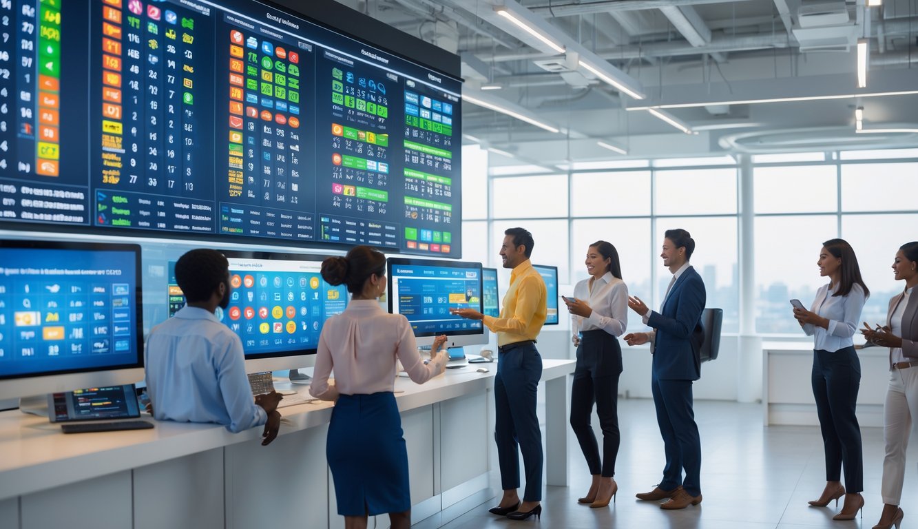 Orang-orang di kantor modern menggunakan layar digital yang menampilkan angka togel dan data pasar, sedang berdiskusi dan bekerja sama.