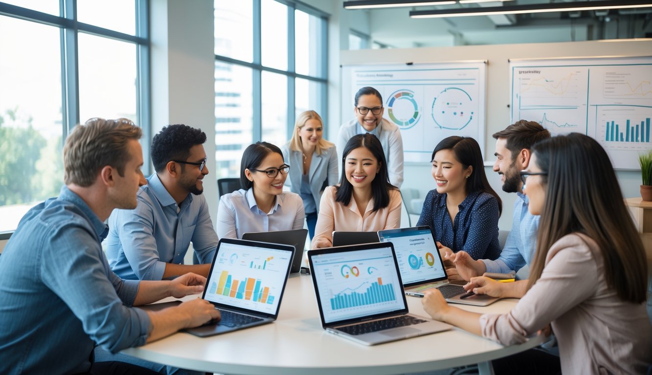Sekelompok orang sedang berdiskusi di ruang kerja modern dengan laptop dan perangkat digital di meja.