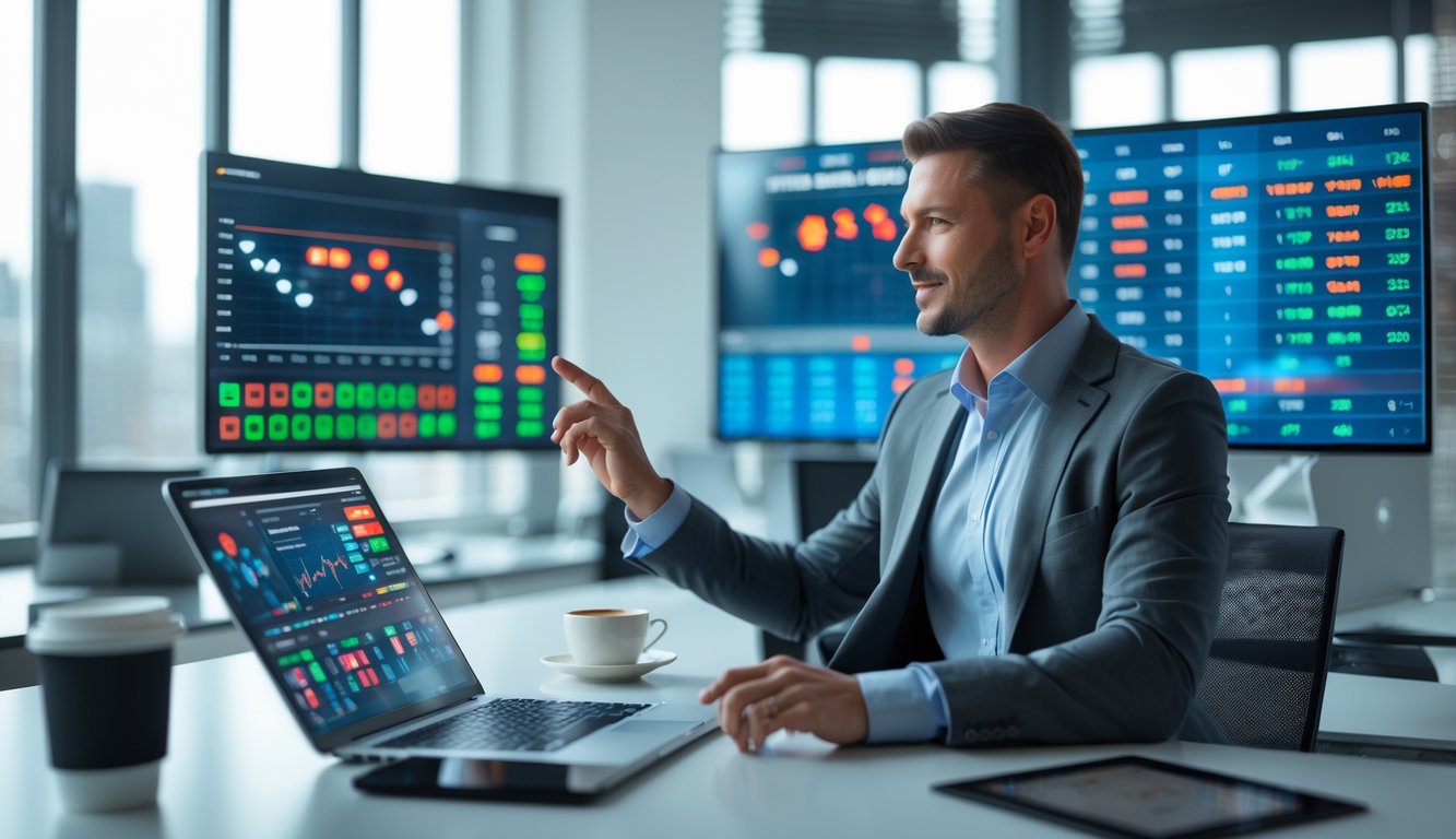 Seorang profesional di kantor modern sedang bekerja dengan beberapa layar digital yang menampilkan angka dan grafik pasar togel.