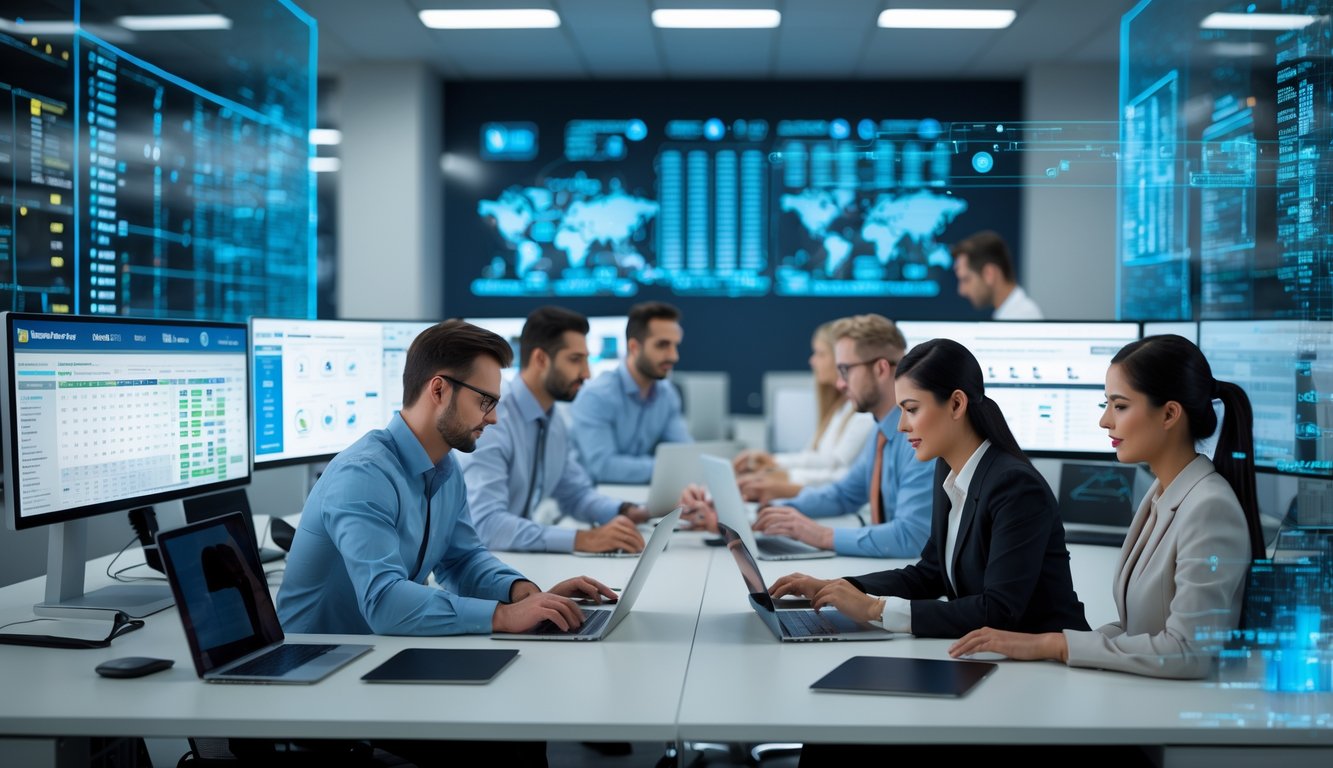 Suasana kantor modern dengan beberapa orang bekerja menggunakan komputer dan perangkat digital, menampilkan aktivitas terkait sistem informasi yang stabil.