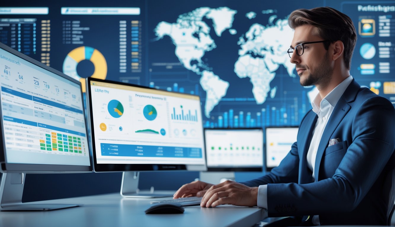 Seorang profesional bisnis duduk di meja dengan beberapa layar komputer yang menampilkan grafik dan data angka togel, di ruang kantor modern.