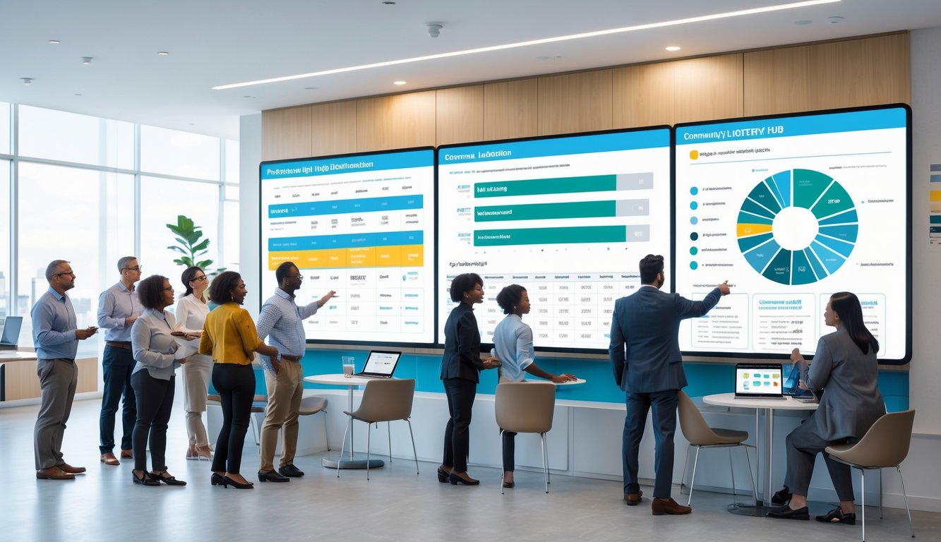 Sekelompok orang sedang berdiskusi di sekitar layar digital yang menampilkan grafik dan data terstruktur tentang hasil togel dalam sebuah ruangan kantor modern.