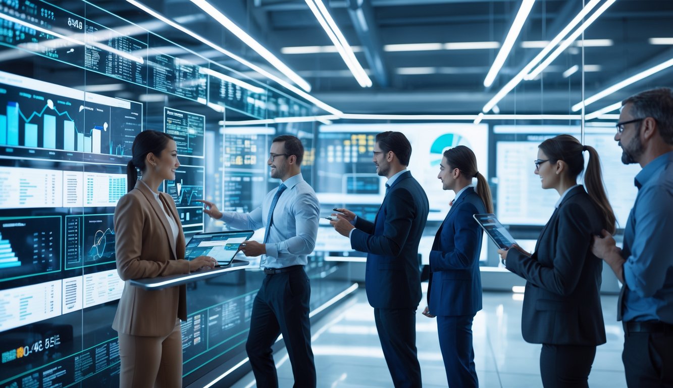 Sekelompok profesional sedang menganalisis data digital secara real-time di ruang kantor modern dengan layar besar dan teknologi canggih.