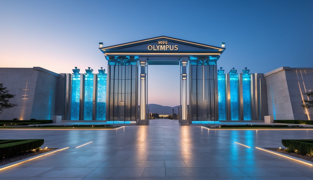 Gerbang utama Olympus tahun 2025 yang besar dan futuristik dengan elemen logam dan kaca, dikelilingi oleh plaza bersih dan tanaman hijau.