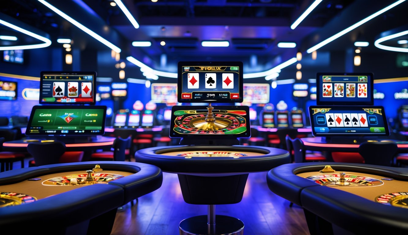 Tampilan berbagai meja permainan kasino online dengan layar digital yang menampilkan berbagai jenis permainan.