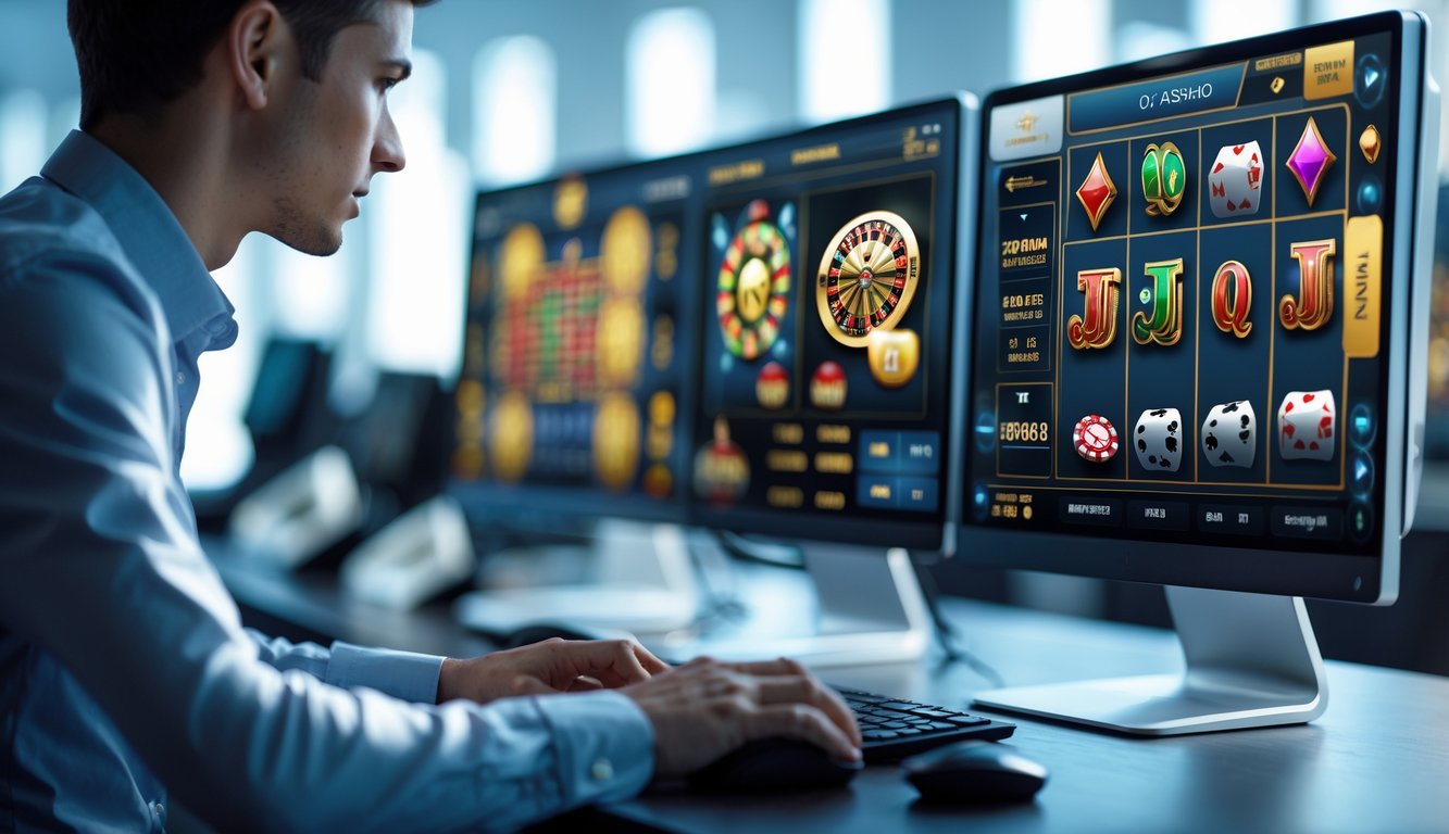 Seorang profesional sedang bermain permainan kasino online secara real-time di depan komputer dengan beberapa layar yang menampilkan berbagai permainan kasino.