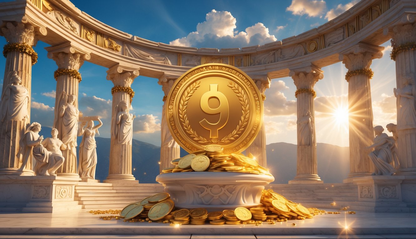 Pintu gerbang kuil Yunani kuno yang megah dengan koin emas besar dan permata di sekitarnya di bawah langit cerah.