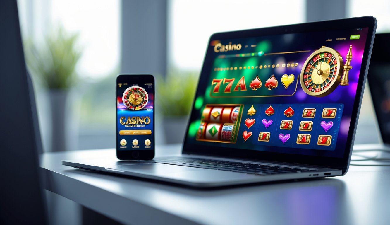 Seorang pengguna sedang bermain permainan kasino online di laptop dan ponsel di atas meja yang rapi.
