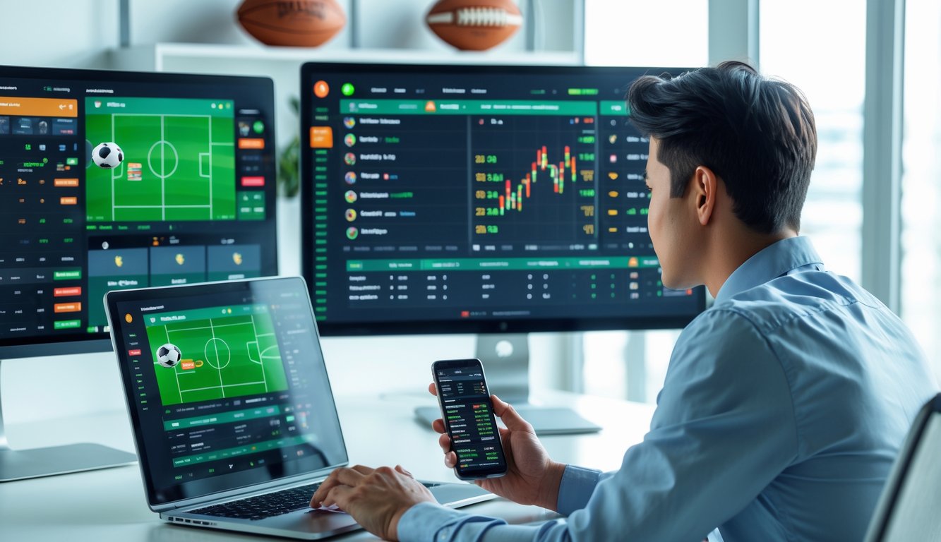 Seseorang sedang menggunakan laptop dan ponsel di meja dengan beberapa monitor menampilkan pertandingan olahraga secara langsung.