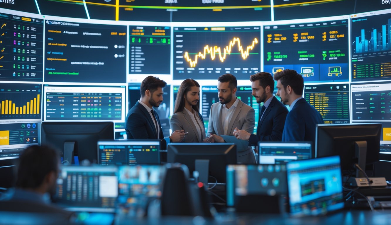 Orang-orang bekerja di depan beberapa layar komputer yang menampilkan acara olahraga dan data taruhan secara real-time.