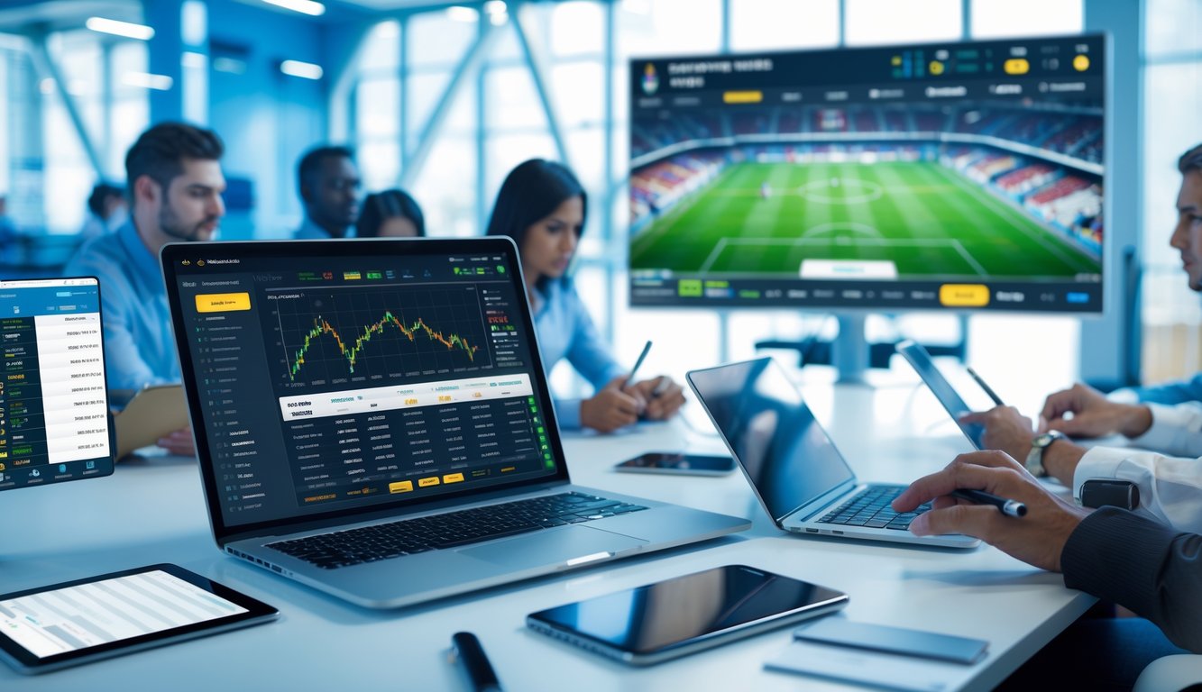 Orang-orang profesional sedang menganalisis data pertandingan sepak bola di ruang kerja modern dengan beberapa perangkat digital.
