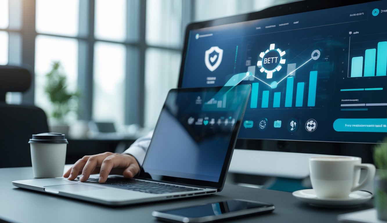 Seseorang menggunakan laptop di kantor modern dengan layar menampilkan antarmuka digital yang stabil dan aman.