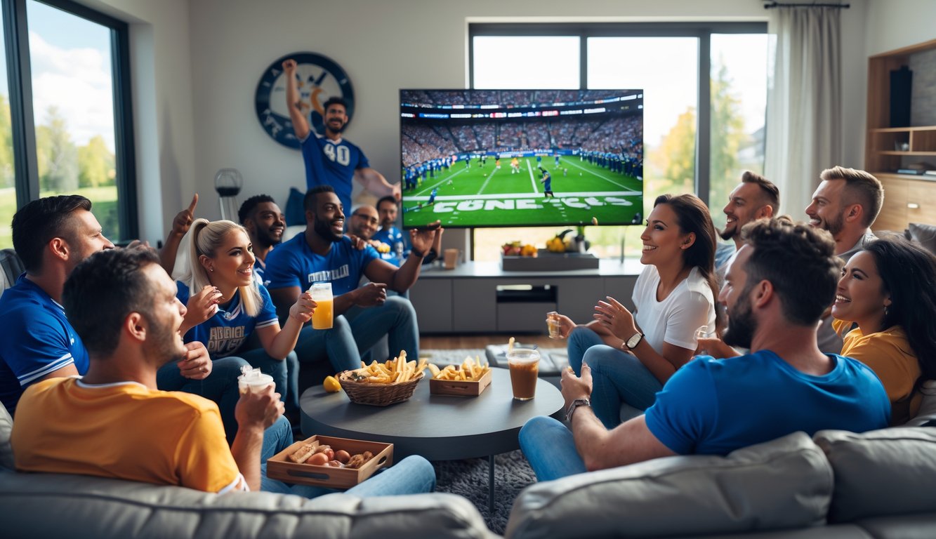 Sekelompok penggemar olahraga menonton pertandingan bersama di ruang tamu yang nyaman.