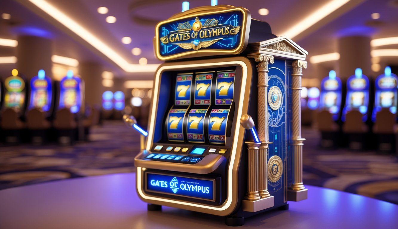Mesin slot kecil modern dengan tema gerbang Olympus, dikelilingi oleh pencahayaan hangat di dalam kasino.