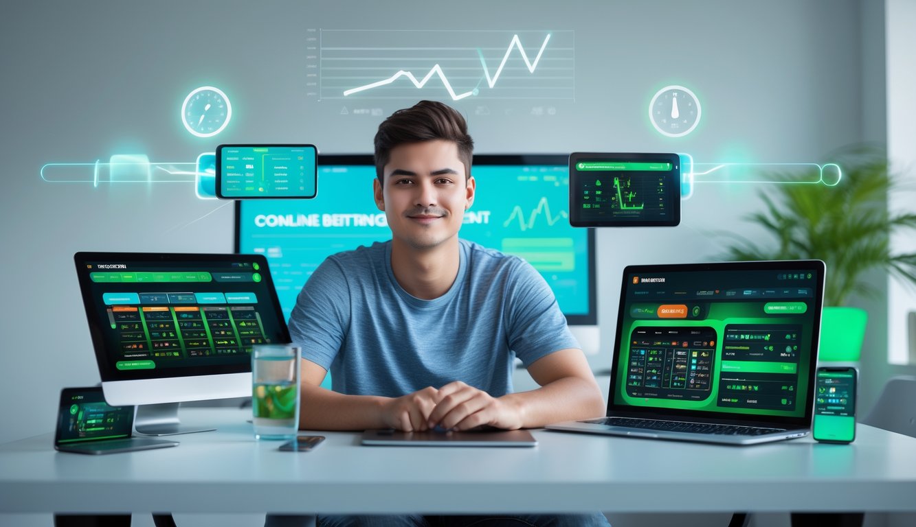Seorang dewasa muda duduk di meja dengan beberapa perangkat digital yang menampilkan antarmuka taruhan online, di dalam ruangan yang terang dan modern.