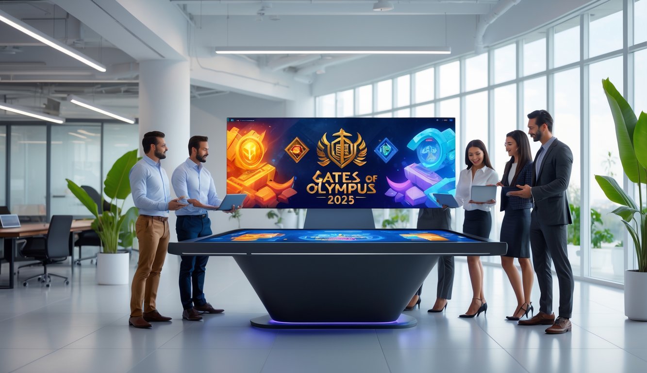 Sekelompok profesional bekerja bersama di kantor modern dengan layar digital yang menampilkan grafis bertema mitologi Yunani.