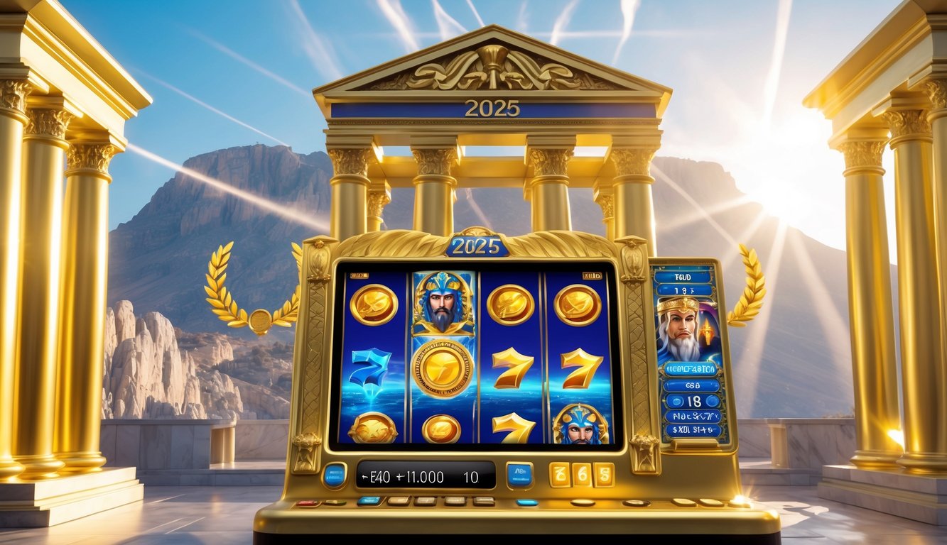 Mesin slot mewah dengan gerbang emas dan latar Gunung Olympus yang megah di bawah langit cerah.