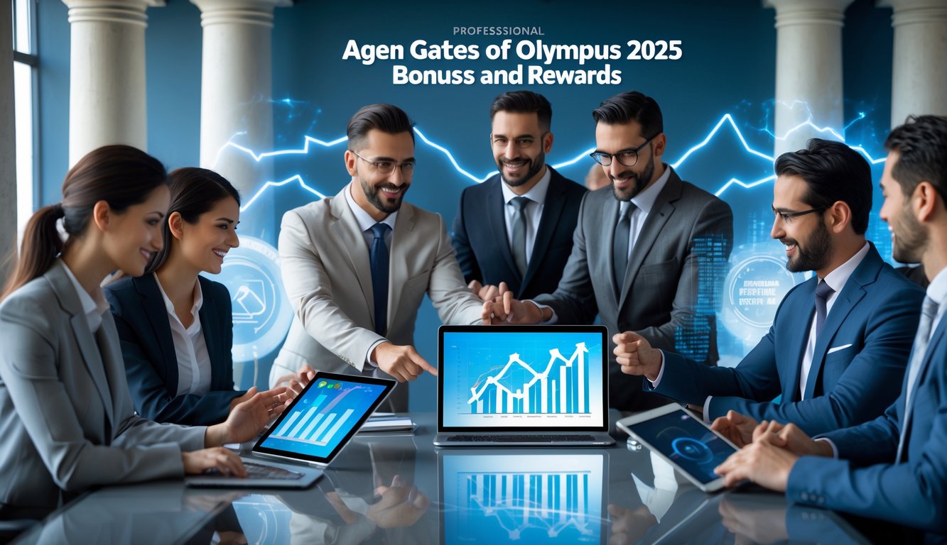 Sekelompok profesional bisnis sedang berdiskusi di sekitar meja kantor modern dengan perangkat digital, menunjukkan suasana kerja dan peluang sukses.