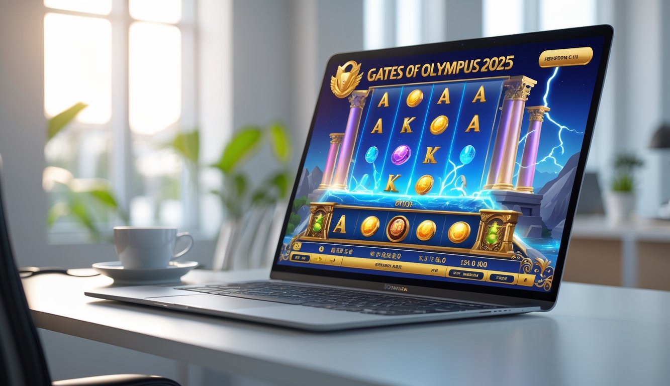 Sebuah komputer menampilkan permainan slot online dengan tema mitologi Yunani di ruang kerja yang rapi dan terang.