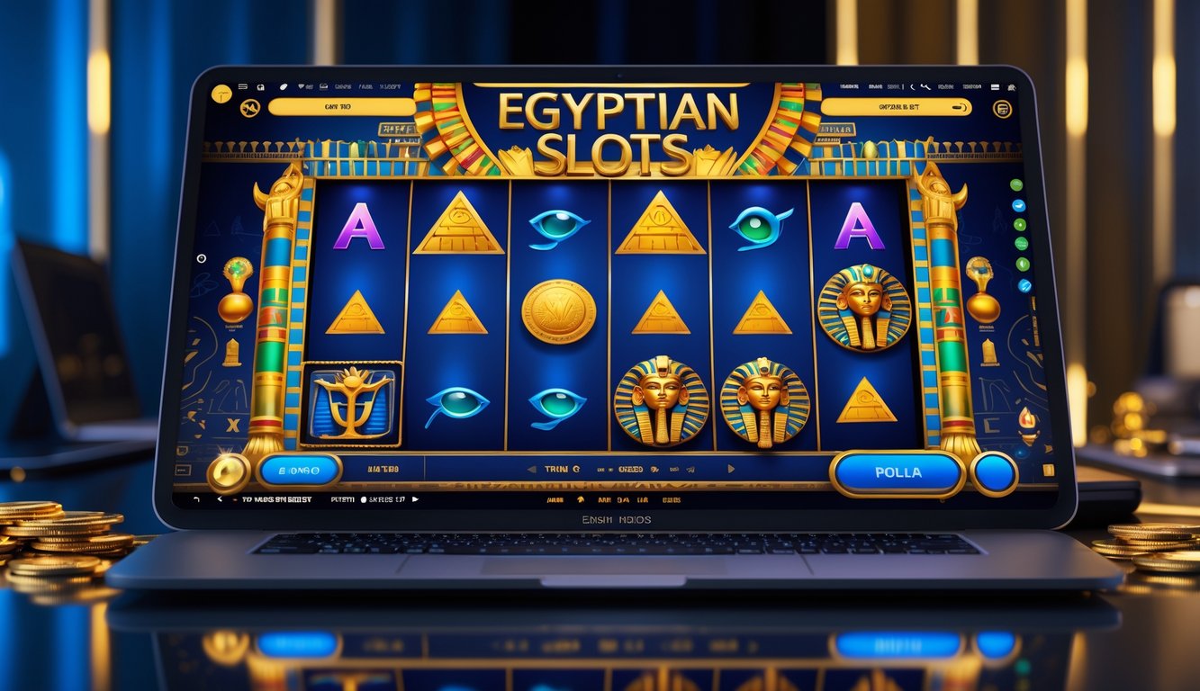 Antarmuka mesin slot bertema Mesir kuno di layar komputer dengan simbol seperti piramida dan scarab, di ruang kerja modern.