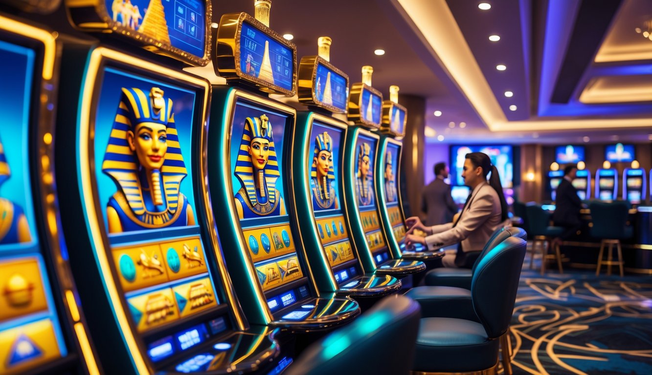 Suasana kasino modern dengan mesin slot bertema Mesir yang terang dan ramai, menampilkan simbol piramida dan firaun, dengan beberapa pemain yang sedang bermain.