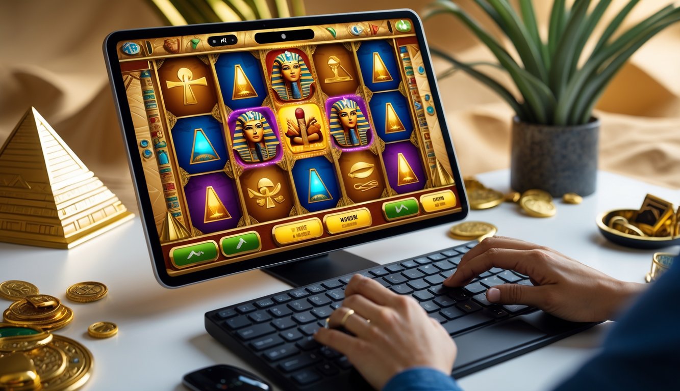 Layar perangkat menampilkan permainan slot bertema Mesir kuno dengan simbol seperti piramida dan scarab, di meja kerja modern.